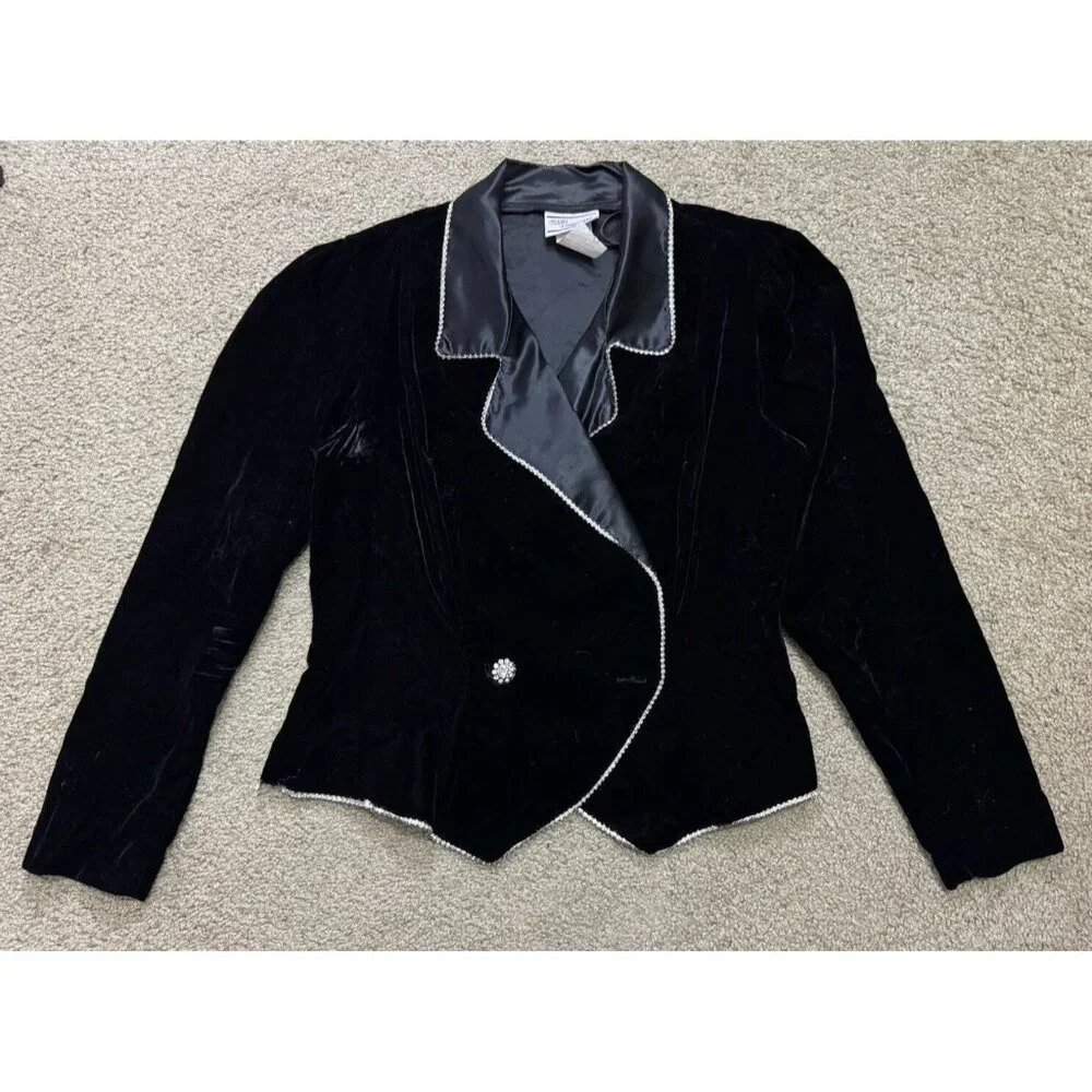 Vintage AVON FASHIONS Black Velvet Double Breast Crystals Blazer Jacket 16 READ